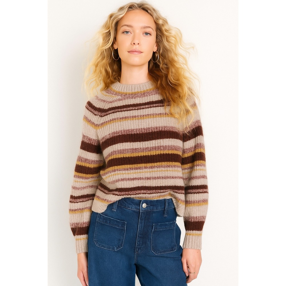 Old Navy Striped Knit Sweater Womens Small S Pullover Crew Neck Beige Burgundy‎